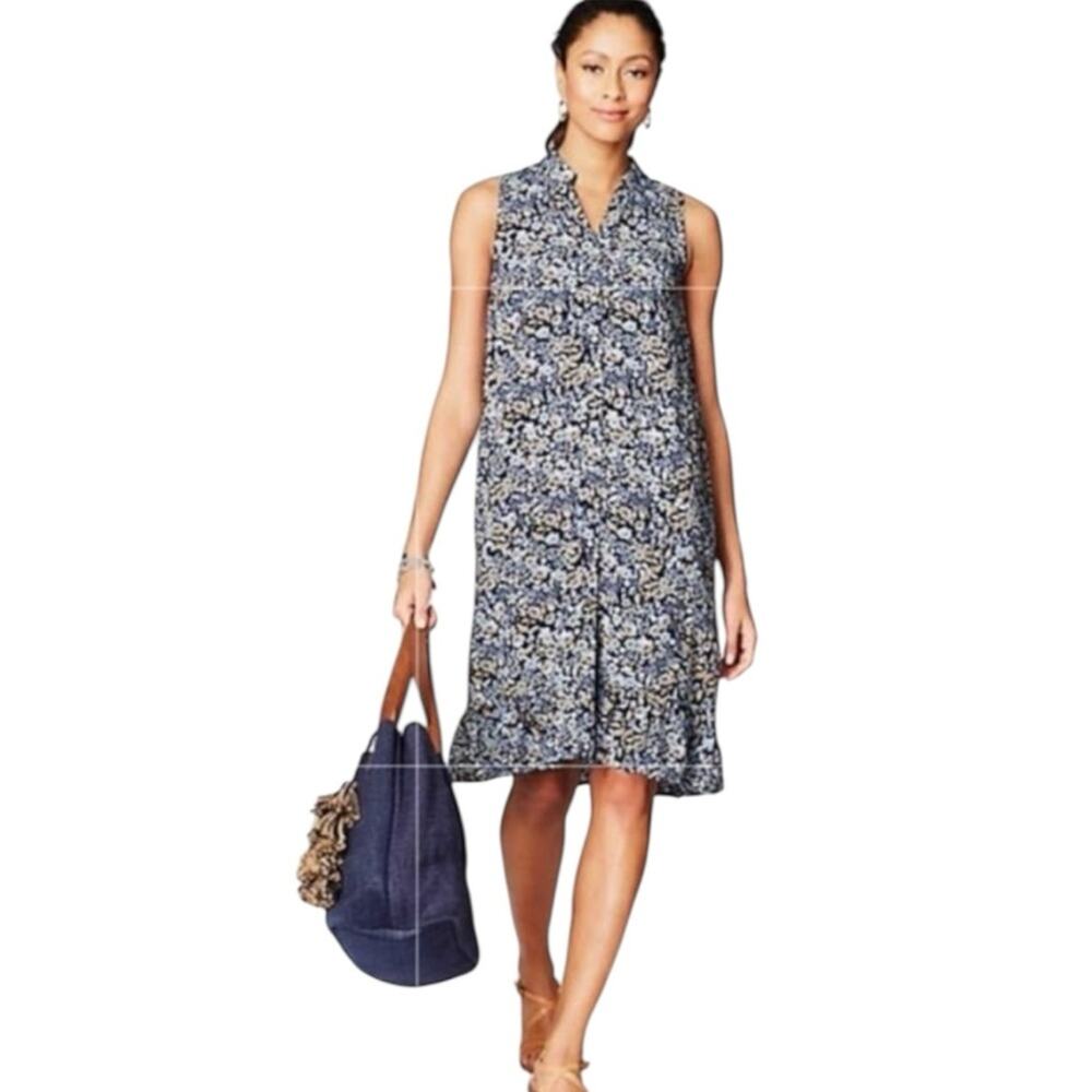 J. Jill Blue Floral Sleeveless Shirt Dress Women’s Size Small Rayon Ruffle Hem